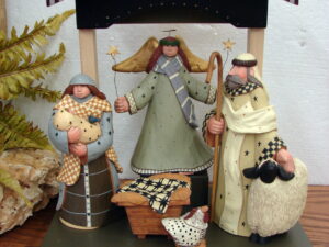 Vintage Large Blow Mold Empire Nativity Mary Joseph Jesus Angel, Moose-R-Us.Com Log Cabin Decor
