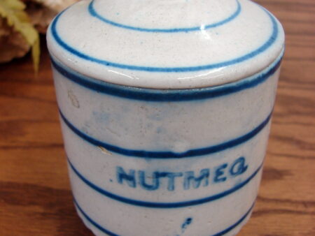 Antique Blue White Stoneware NUTMEG Canister w/ Lid Stripes