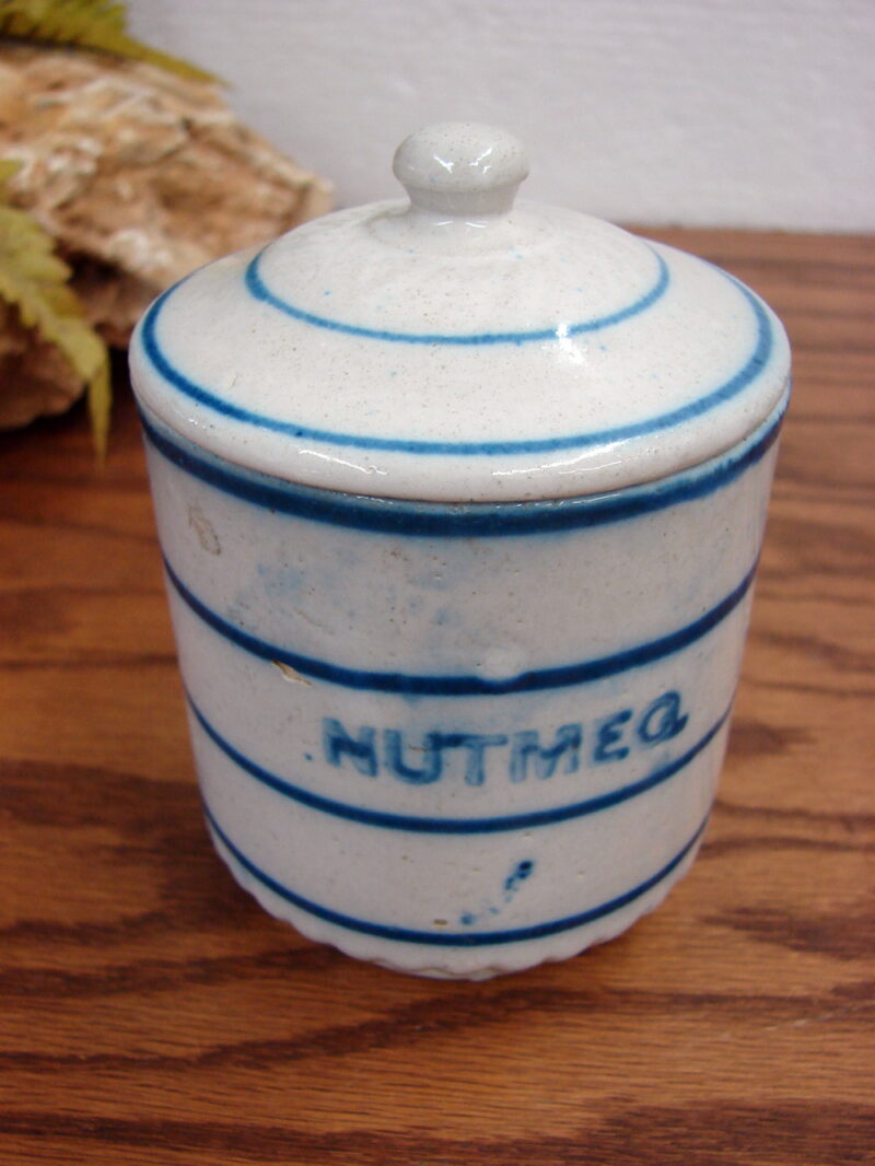 Antique Blue White Stoneware NUTMEG Canister w/ Lid Stripes, Moose-R-Us.Com Log Cabin Decor