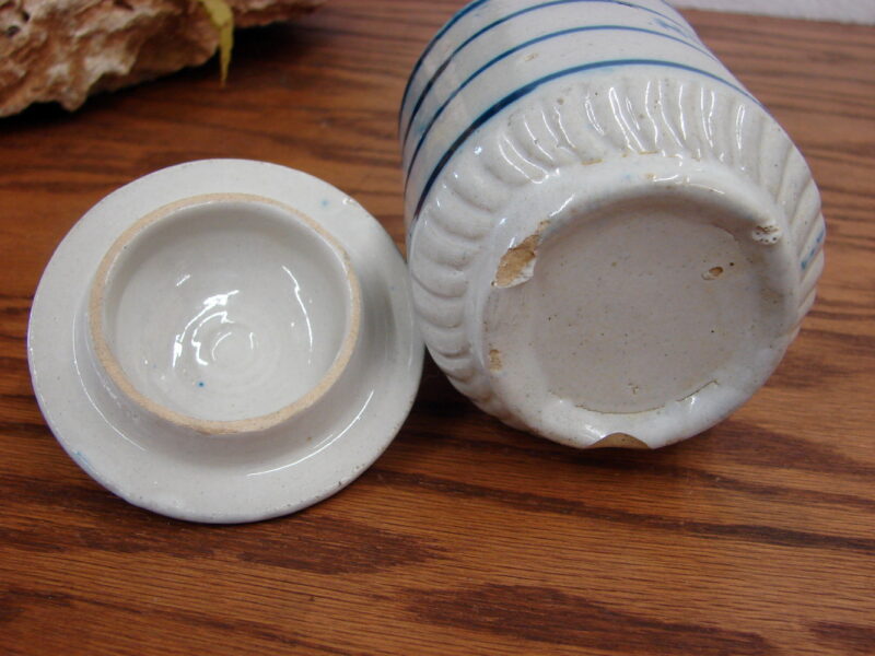 Antique Blue White Stoneware NUTMEG Canister w/ Lid Stripes, Moose-R-Us.Com Log Cabin Decor