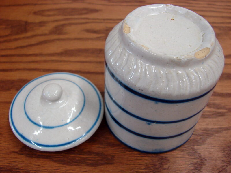 Antique Blue White Stoneware NUTMEG Canister w/ Lid Stripes, Moose-R-Us.Com Log Cabin Decor