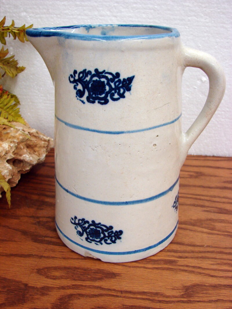 Antique Blue White Stoneware Pitcher Hull Band Stripe Flower Medallion Design, Moose-R-Us.Com Log Cabin Decor