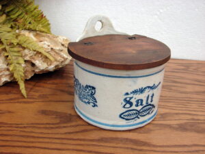 Antique Blue White Stoneware Salt Box Cobalt Design Original Wooden Lid Wall Mount