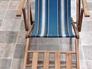 Vintage MCM Fold-up Striped Canvas Sand Beach Adjustable Back Chair Footstool