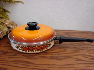 Vintage MCM Retro Enamel Flowered Skillet Orange Lid 8" Complete