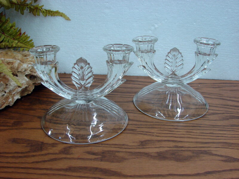 Vintage Clear Glass Taper Candle Holder Double Arm Candelabra Pair, Moose-R-Us.Com Antiques Collectibles Log Cabin Decor