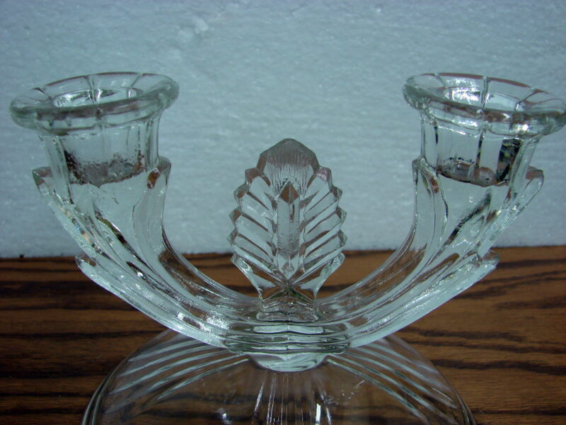 Vintage Clear Glass Taper Candle Holder Double Arm Candelabra Pair, Moose-R-Us.Com Antiques Collectibles Log Cabin Decor