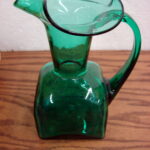 Vintage Blenko Emerald Green Blown Glass Pitcher Vase Square Bottom Ruffle Top