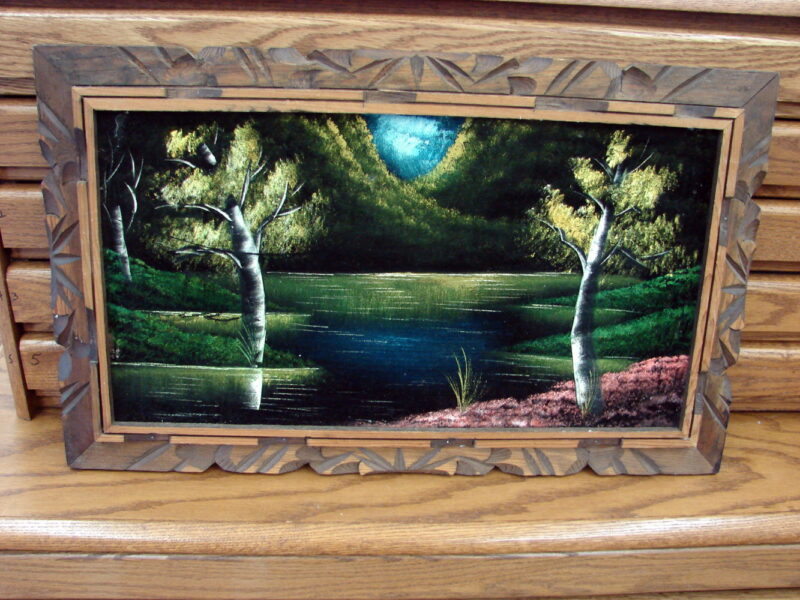 1970&#8217;s Black Velvet Original Painting Mountain Waterfall Lake Wood Carved Mexico Frame, Moose-R-Us.Com Log Cabin Decor