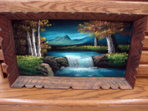 1970's Black Velvet Original Painting Mountain Waterfall Lake Wood Carved Mexico Frame
