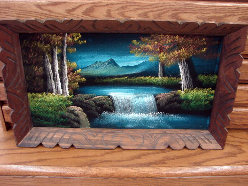 1970&#8217;s Black Velvet Original Painting Mountain Waterfall Lake Wood Carved Mexico Frame, Moose-R-Us.Com Log Cabin Decor