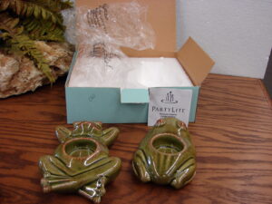 Set/2 Partylite Ceramic Stoneware Glazed Frog Candle Holders New w/ Box