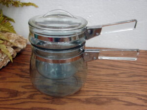 Complete Vintage PYREX #3762 Flameware Glass Double Boiler Sauce Pan Blue Tint Bulbous