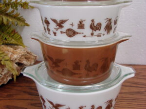 Vintage PYREX Early American Kitchen Accessories White Copper Brown Gold