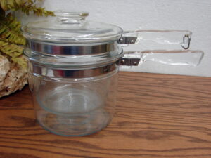 Vintage PYREX #6283 Flameware Glass Double Boiler Sauce Pan w/ Matching Lid Handle Ring