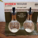 Vintage PYREX 14 kt. Gold Trim Oil Vinegar Cruet Set Dressing Bottles NIB Corning