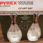 Vintage PYREX 14 kt. Gold Trim Oil Vinegar Cruet Set Dressing Bottles NIB Corning - Image 3