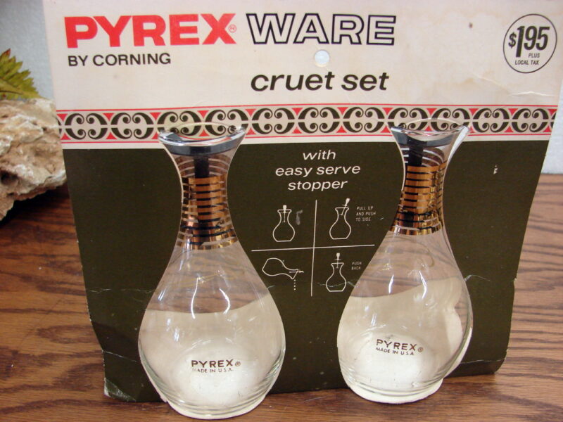 Vintage PYREX 14 kt. Gold Trim Oil Vinegar Cruet Set Dressing Bottles NIB Corning, Moose-R-Us.Com Log Cabin Decor