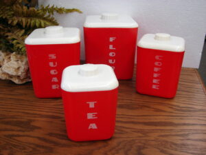 Vintage MCM Lustro'Ware Red White 4 Pc Canister Set
