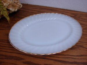 Vintage Anchor Hocking Milk Glass Swirl Gold Trim Oval Serving Platter