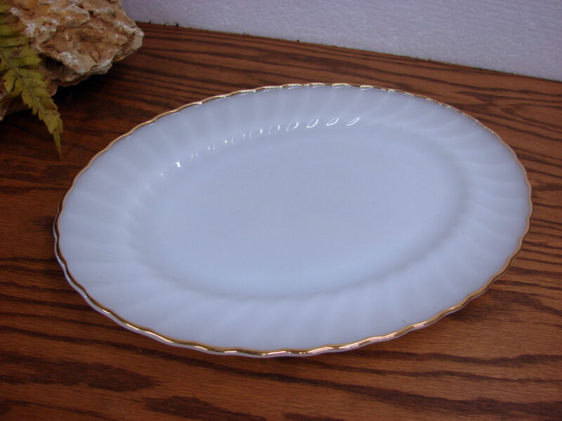 Vintage Anchor Hocking Milk Glass Swirl Gold Trim Oval Serving Platter, Moose-R-Us.Com Log Cabin Decor