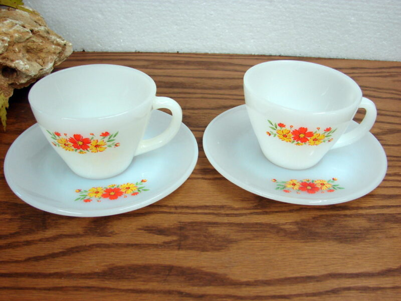 Vintage Fire King Cosmos Orange Yellow Flower Cup Saucer 4 pc, Moose-R-Us.Com Log Cabin Decor