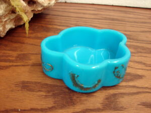 Vintage Turquoise Blue Akro Agate Dish Gold Trim