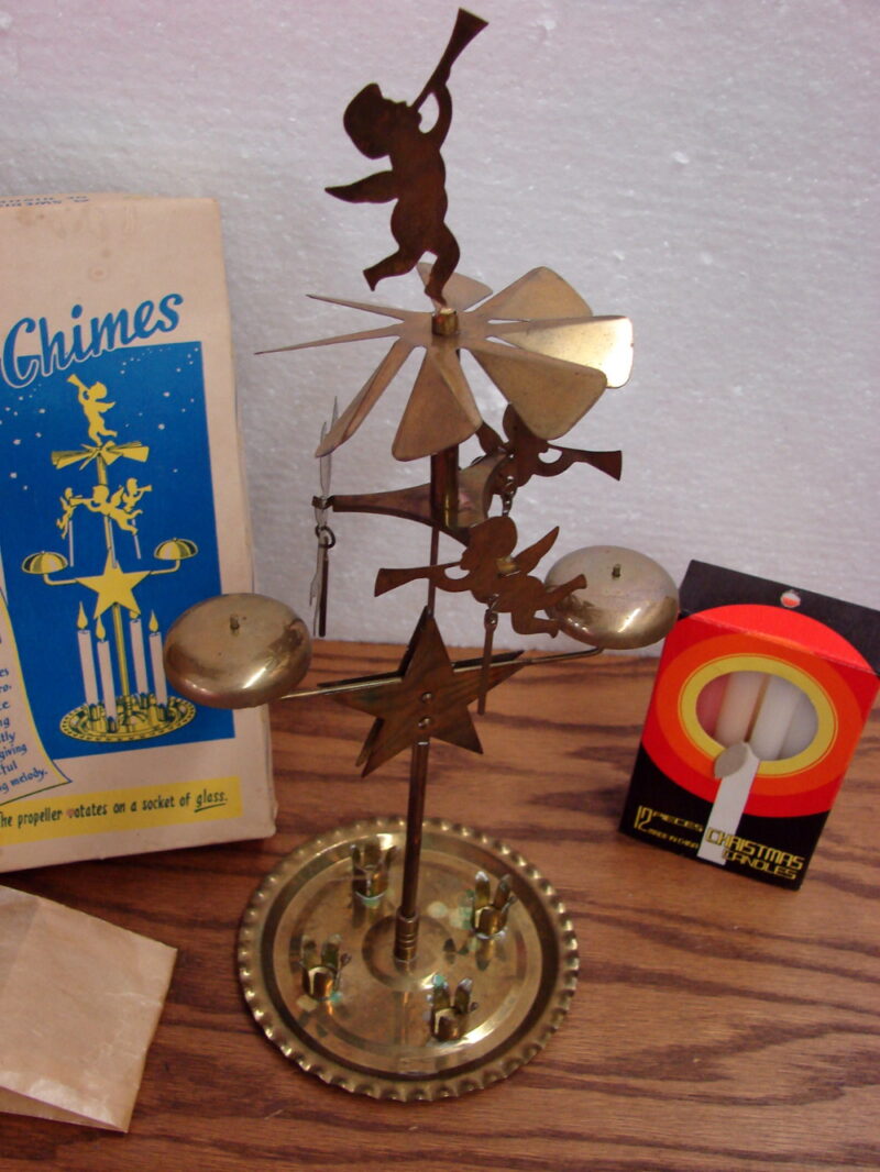 Vintage Brass Anglaspel Swedish Angel Chime Candle Heat Activated Chimes Original Box, Moose-R-Us.Com Log Cabin Decor