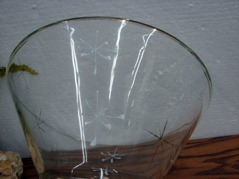 Vintage Clear Glass Atomic Salad Bowl w/ Tongs White Black Gold, Moose-R-Us.Com Log Cabin Decor