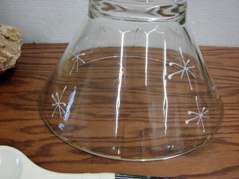 Vintage Clear Glass Atomic Salad Bowl w/ Tongs White Black Gold, Moose-R-Us.Com Log Cabin Decor