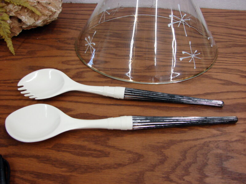 Vintage Clear Glass Atomic Salad Bowl w/ Tongs White Black Gold, Moose-R-Us.Com Log Cabin Decor