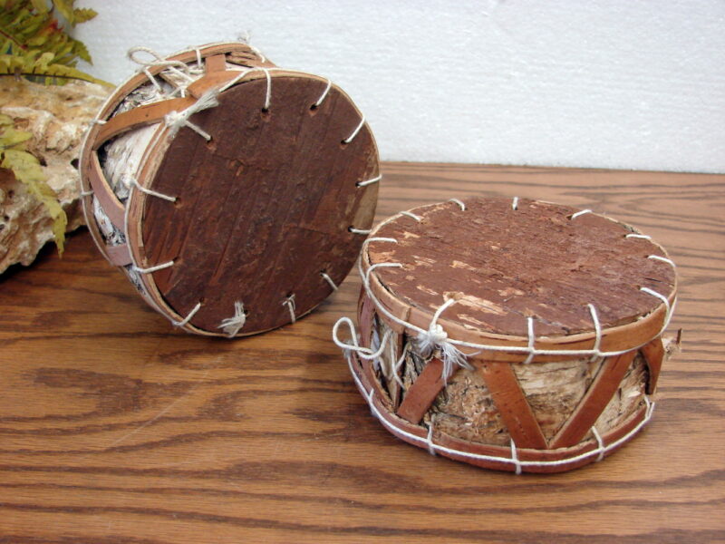 Vintage Hand Crafted Reverse Birch Bark Drum Hanger Set/2, Moose-R-Us.Com Log Cabin Decor
