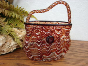 Vintage Art Glass Murano Hand Blown Purse Handbag Basket Vase Orange Waves