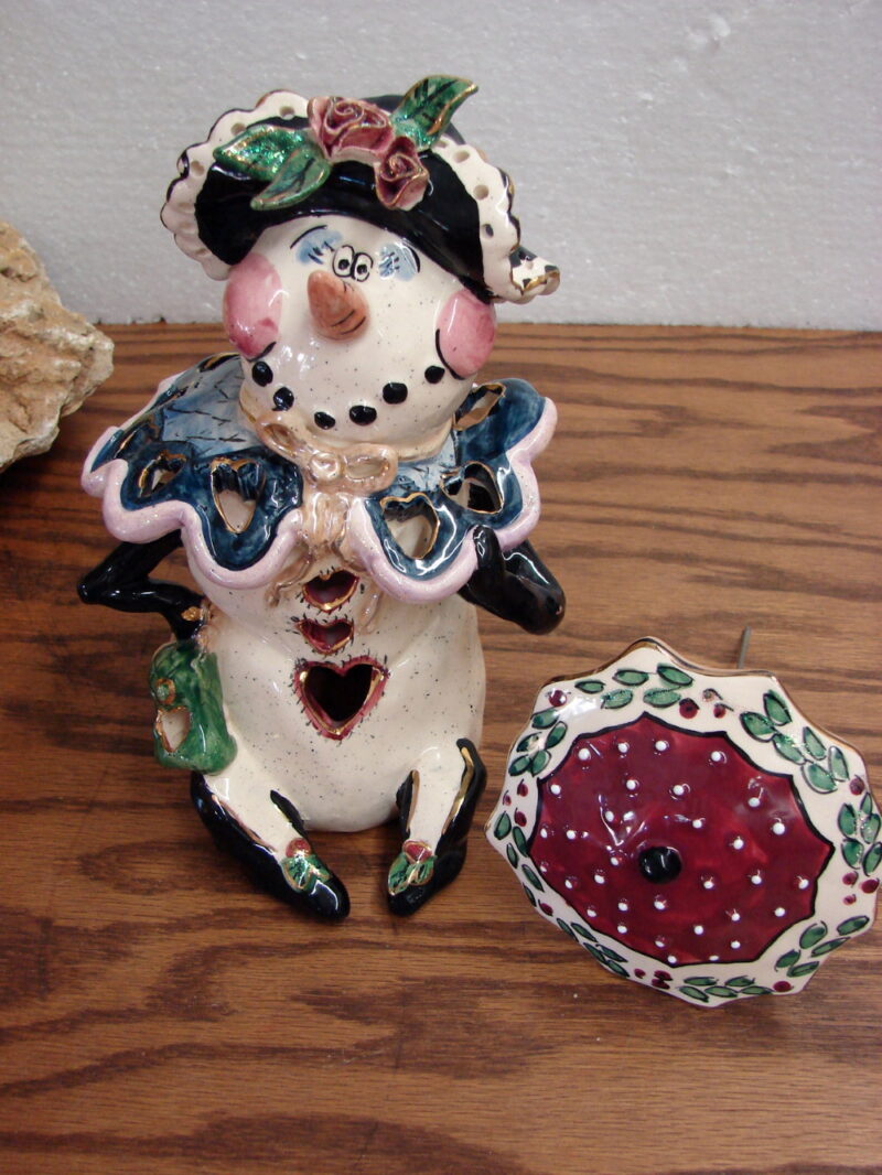 Retired Blue Sky Clayworks Heather Goldminc Winter Mrs Snowman w/ Umbrella, Moose-R-Us.Com Antiques Collectibles Log Cabin Decor
