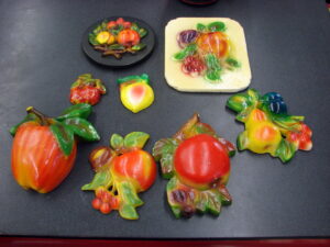 Vintage MCM Chalkware Plaster Wall Decor Fruit Plaque 9 pcs