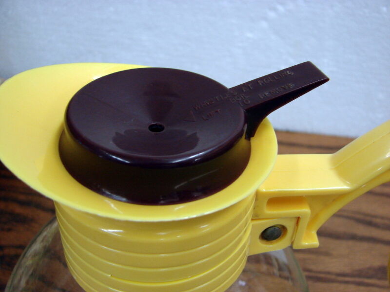 Vintage Cory Whistling Glass Teapot Yellow Brown Clear Glass Bird Silhouette, Moose-R-Us.Com Log Cabin Decor