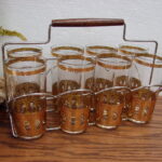 Vintage Culver Antigua Highball Gold Accents in Teak Handle Carry Rack Set/8