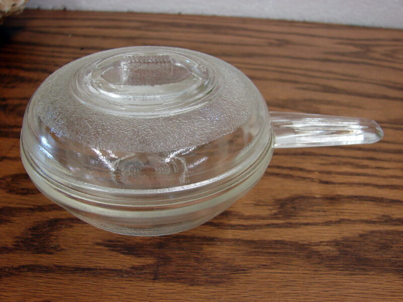 Vintage Datom Co Ovenware Small Child Size Toy Glass Sauce Pan w/ Lid, Moose-R-Us.Com Log Cabin Decor
