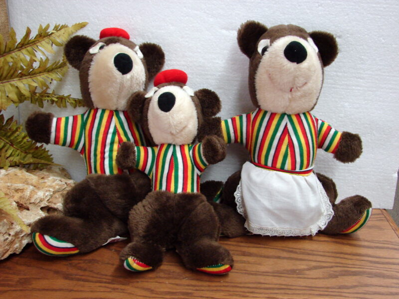 Vintage Elka Plush Bear Striped Shirt Feet Family Mama Papa Baby Bears, Moose-R-Us.Com Log Cabin Decor