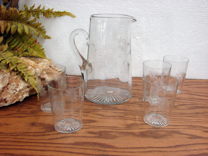 Vintage Etched Flower Elegant Subtle Ribbed Star Bottom Pitcher Glass Set, Moose-R-Us.Com Log Cabin Decor