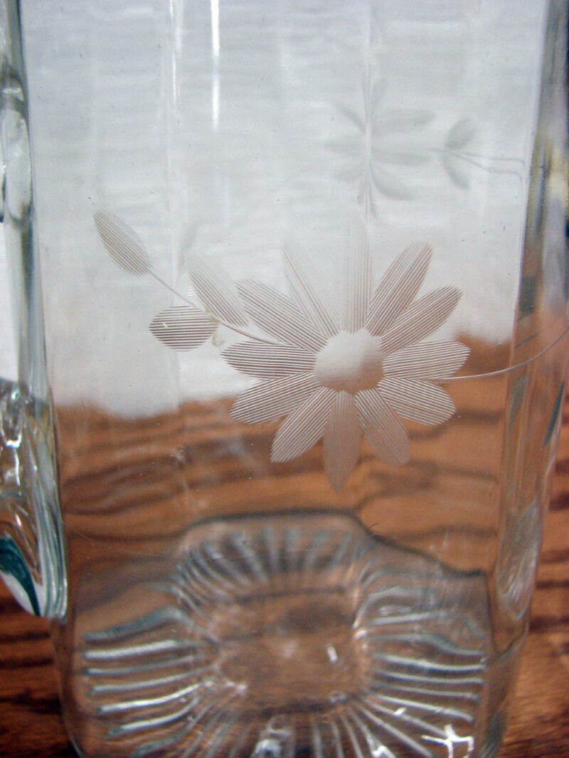 Vintage Etched Flower Elegant Subtle Ribbed Star Bottom Pitcher Glass Set, Moose-R-Us.Com Log Cabin Decor