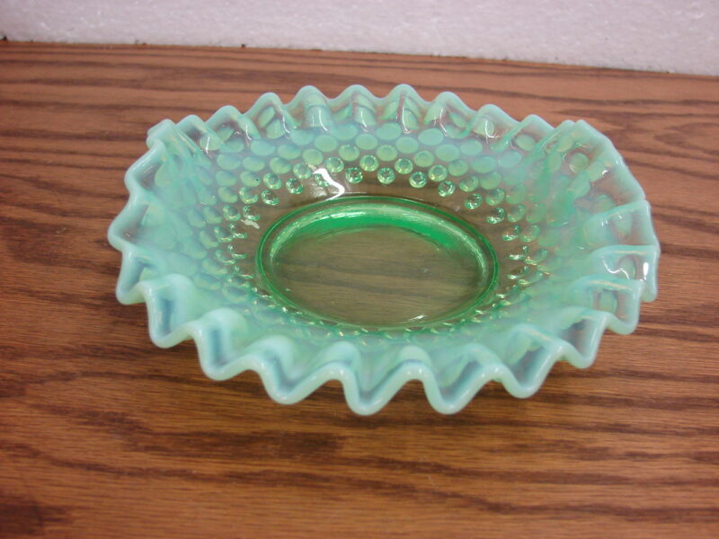 Vintage Vaseline Glass Uranium Fenton Hobnail Ruffled Pinched Edge Dish 6&#8243;, Moose-R-Us.Com Log Cabin Decor