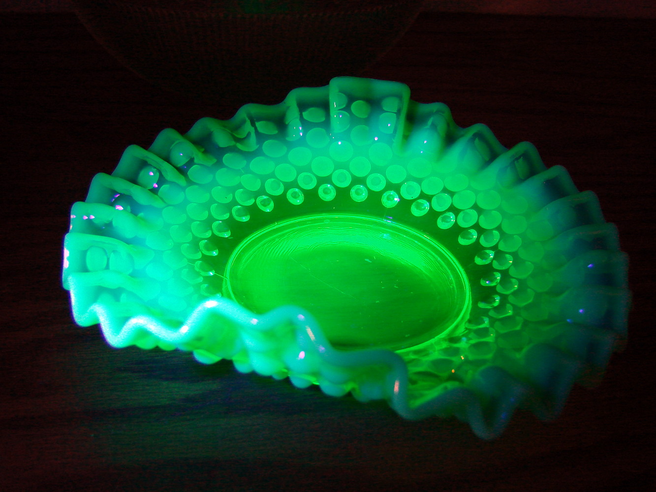 Vintage Vaseline Glass Uranium Fenton Hobnail Ruffled Pinched Edge Dish 6" - Image 3