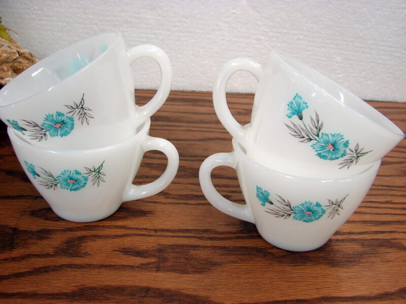 Vintage Fire King Bonnie Blue Turquoise Flower Cup Saucer 6 pc, Moose-R-Us.Com Log Cabin Decor