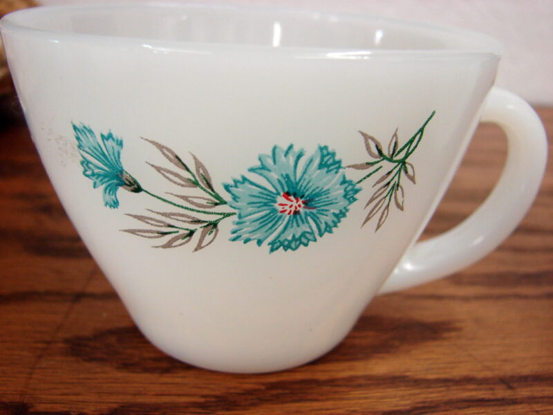 Vintage Fire King Bonnie Blue Turquoise Flower Cup Saucer 6 pc, Moose-R-Us.Com Log Cabin Decor