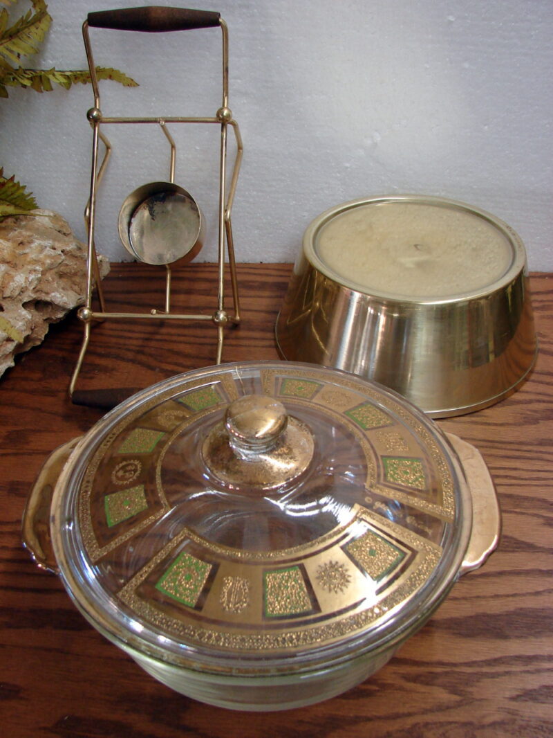 Complete Vintage Fire King Georges Briard Gold Floral 2 Qt Casserole 4 Pc Set, Moose-R-Us.Com Antiques Collectibles Log Cabin Decor