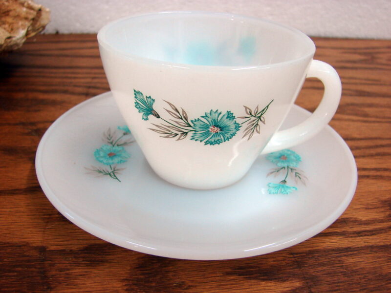 Vintage Fire King Bonnie Blue Turquoise Flower Cup Saucer 8 pc, Moose-R-Us.Com Log Cabin Decor