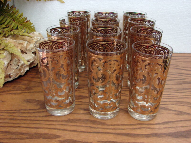 Vintage Signed Georges Briard Spanish Gold Highball Glass Set/12 Like New, Moose-R-Us.Com Antiques Collectibles Log Cabin Decor