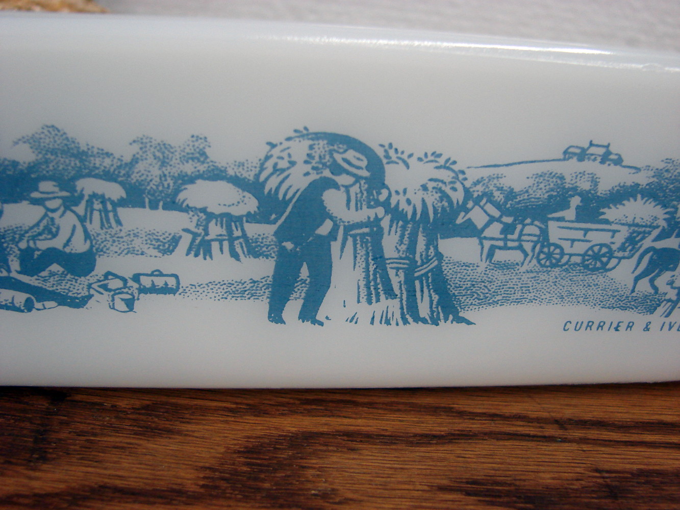Vintage Glasbake USA Milk Glass Currier Ives Kitchenware Serving Pcs