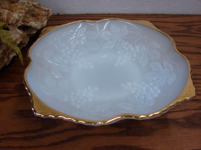 Vintage Fire King Milk Glass Gold Trim Grape Vine Embossed Bowl, Moose-R-Us.Com Antiques Collectibles Log Cabin Decor